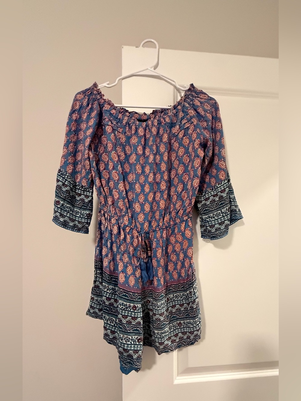 Angie Blue Tunic with Red Paisley Print
